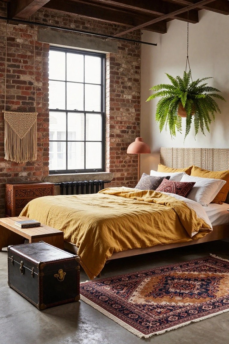 Bedroom interior with exposed brick walls, wooden beam ceiling, large black-framed window, yellow linen duvet on wooden bed with rattan headboard and mixed pillows, hanging fern plant, macrame wall hanging, vintage trunk and bench, and patterned rug on concrete floor.