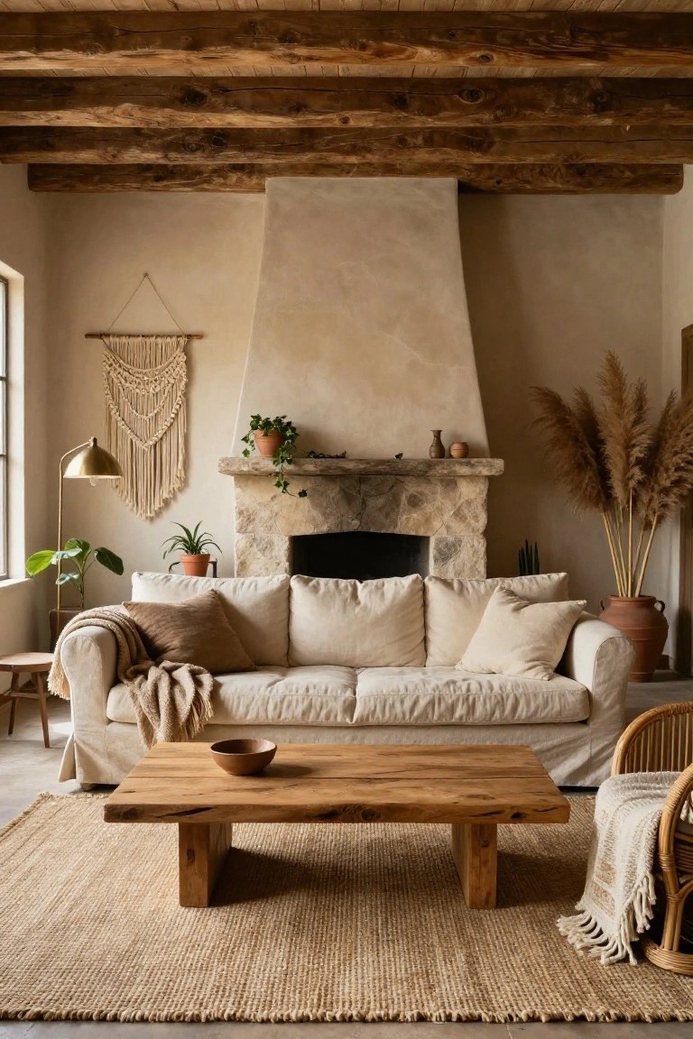 Cozy living room interior with exposed dark wooden beam ceiling, beige stucco walls, stone masonry fireplace, cream linen sofa with pillows and throw, wooden coffee table, pampas grass, macrame hanging, plants, and jute rug.