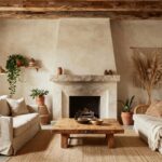 Cozy living room interior with exposed dark wooden beam ceiling, beige stucco walls, stone masonry fireplace, cream linen sofa with pillows and throw, wooden coffee table, pampas grass, macrame hanging, plants, and jute rug.
