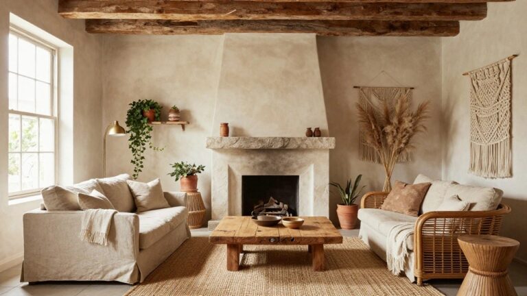 Cozy living room interior with exposed dark wooden beam ceiling, beige stucco walls, stone masonry fireplace, cream linen sofa with pillows and throw, wooden coffee table, pampas grass, macrame hanging, plants, and jute rug.
