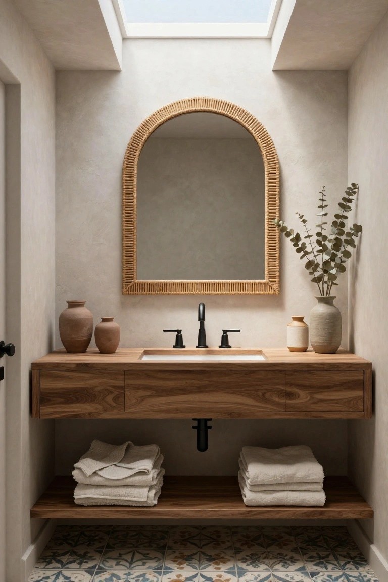 Rattan Arched Mirror Over the Vanity