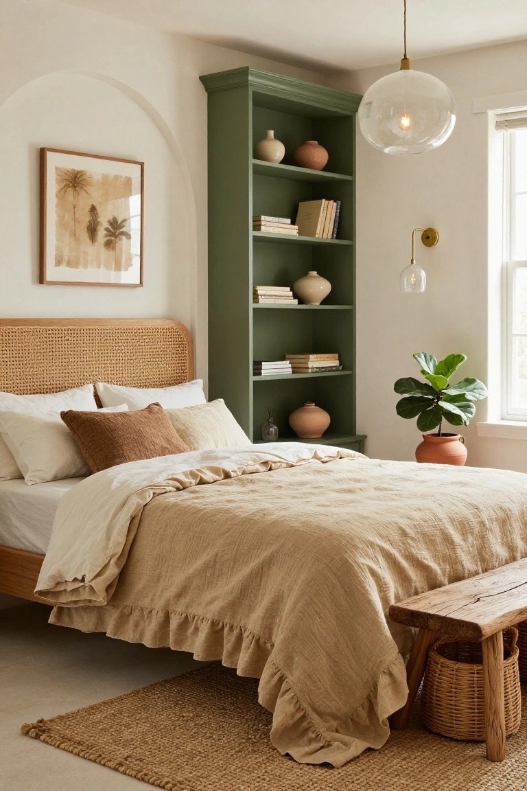 Bedroom corner with a beige rattan headboard bed dressed in white and tan linen bedding and pillows, sage green wooden bookshelf stocked with books and ceramic pots, fiddle leaf fig plant in terracotta pot, wooden bench with seagrass basket at bed foot, seagrass rug on light wood floor.