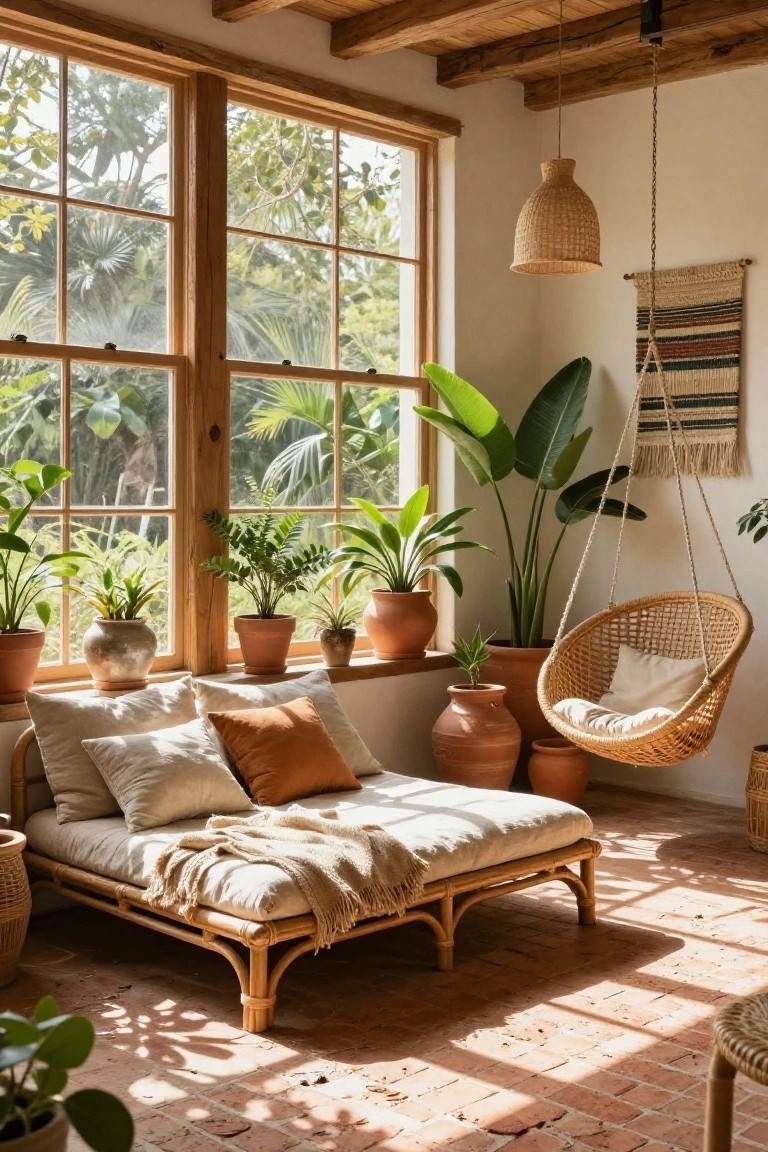 Sunlit interior room with wooden beamed ceiling and large multi-pane windows overlooking tropical greenery, featuring a low rattan platform bed with white pillows and beige throw, numerous potted plants in terracotta pots, a hanging rattan egg chair with cushion, woven wall hanging, and brick tile floor.