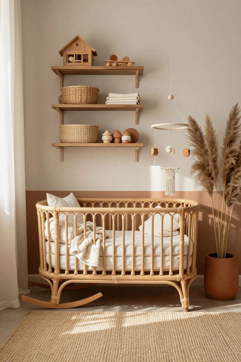 A nursery room with a round white rattan crib on wooden rockers, beige walls with wooden shelves holding baskets, wooden toys, and eggs, a pampas grass plant in a terracotta pot, and neutral bedding.