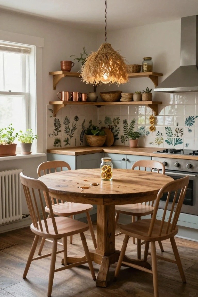 Cozy kitchen interior with round wooden dining table and four chairs next to blue cabinets, seagrass pendant light overhead, open shelves holding copper pots and baskets, leaf-patterned backsplash tiles, and potted herbs by the window.