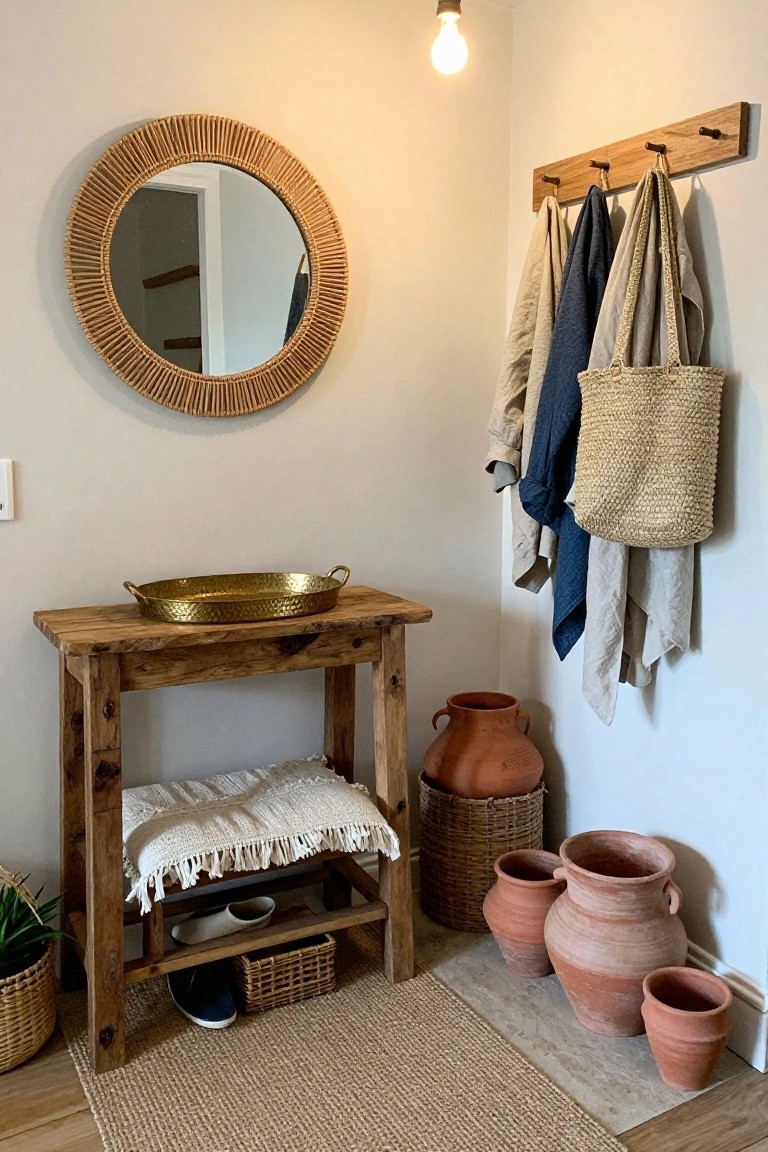 Rustic wooden console table in a light entryway corner holding a brass tray on top, with shoes and a woven basket underneath, surrounded by terracotta pots on the floor, a rattan mirror on the wall, wooden hooks with hanging clothes and bags, plants in baskets, and a seagrass rug.
