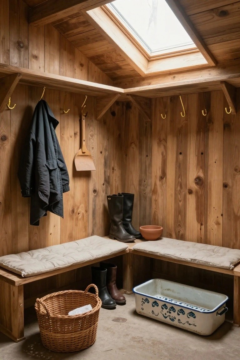 Wooden mudroom interior with L-shaped benches topped by cushions, wall hooks holding a dark coat and rubber boots, a dustpan, wicker basket with cloth, ceramic bowl, and enamel basin on the floor beneath a skylight.