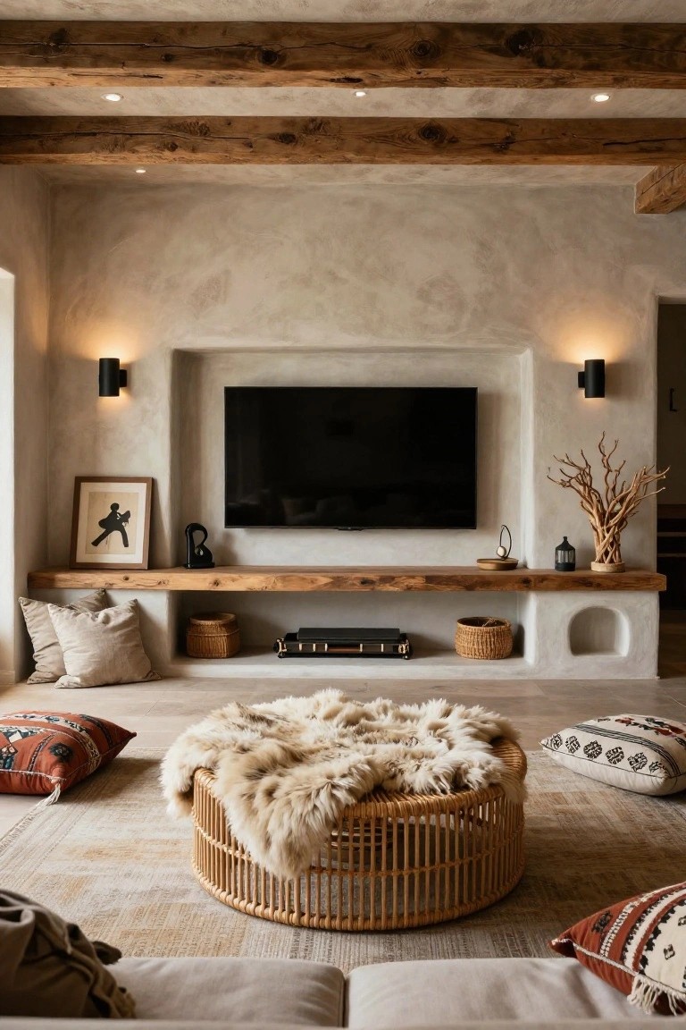 A living room with a large black TV mounted in a beige stucco arched wall niche above a wooden shelf, flanked by black wall sconces, rattan baskets below the shelf, and floor seating with pillows and a rattan ottoman covered in sheepskin.