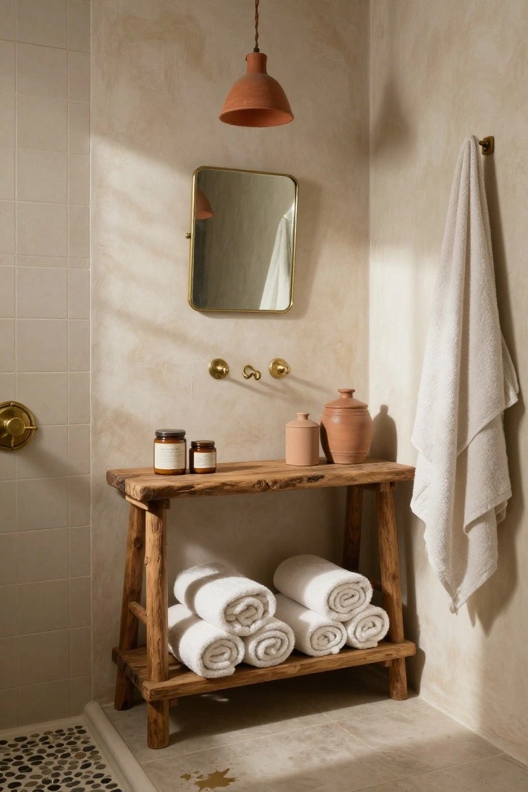 Bathroom corner featuring a rustic wooden trestle bench vanity with stacked white towels, two terracotta pots, jars with candles, brass faucets, round gold mirror, hanging white towel, beige textured walls, and pebble stone shower floor.
