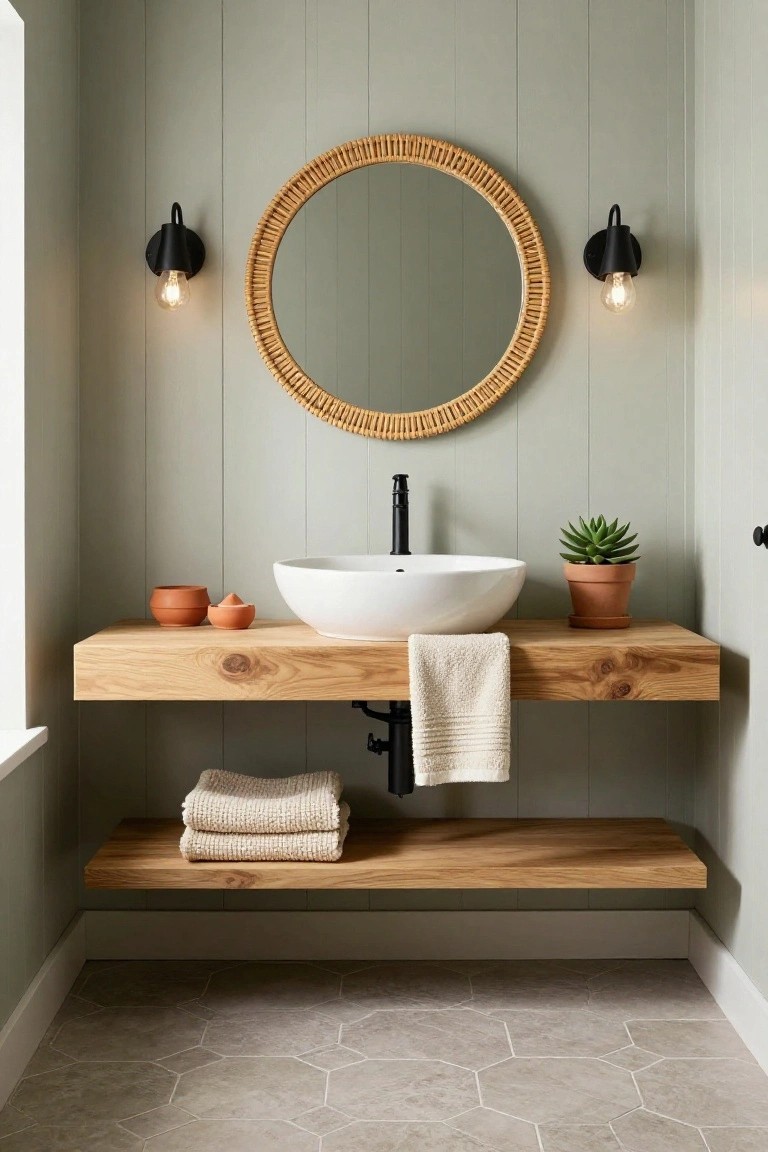 Compact bathroom with pale green shiplap walls, round rattan mirror flanked by black wall sconces, floating live-edge oak wood shelf vanity supporting white vessel sink with black faucet, stacked towels below, terracotta pots and succulent, on gray hexagonal floor tiles.