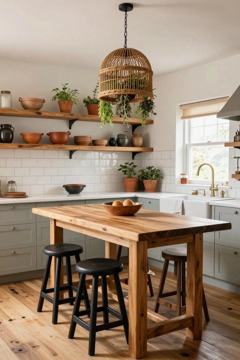 Cozy kitchen interior with sage green cabinets, open wooden shelves displaying pottery, plants, and herbs, central rectangular rustic wooden table island with two black bar stools and one wooden stool, white subway tile backsplash, farmhouse sink, and rattan pendant light.