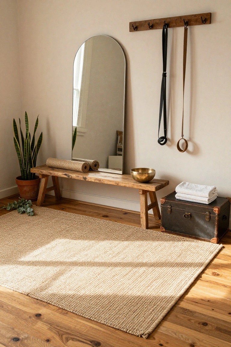 Indoor corner with tall arched mirror, wooden bench holding rolled jute yoga mats and brass singing bowl, snake plant in terracotta pot, jute rug on hardwood floor, leather trunk with white towels, and hanging black and brown straps with metal rings on wooden wall rack.