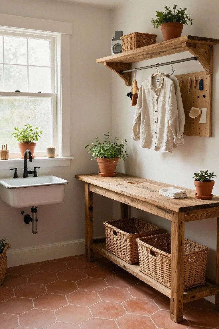Cozy interior mudroom with white farmhouse sink mounted on rustic wooden workbench, wicker baskets stored underneath, potted herbs on windowsill and table, clothes hanging from pipe rod on overhead wooden shelf, hexagonal terracotta floor tiles.