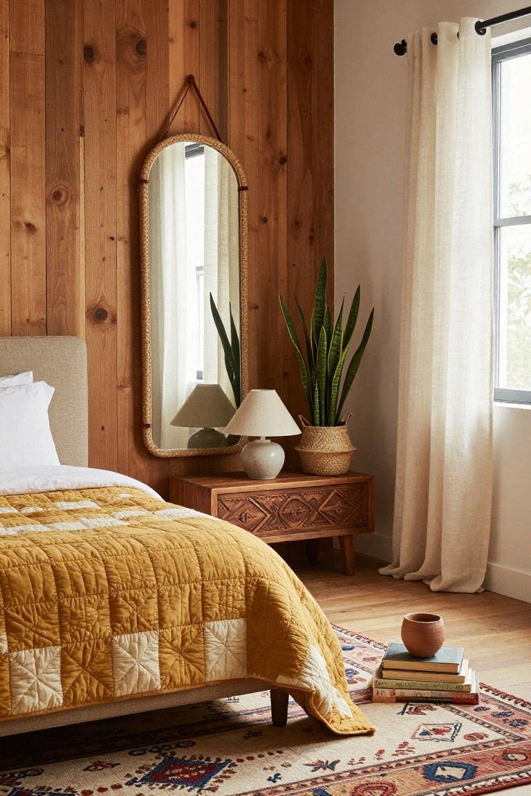 Bedroom corner with vertical wood-plank wall, bed topped by yellow-and-white quilt, tall arched rattan mirror hanging on wall, snake plant in basket next to ceramic lamp on carved wood nightstand, books and pottery on floor, Persian rug, hardwood flooring, sheer curtains on window.