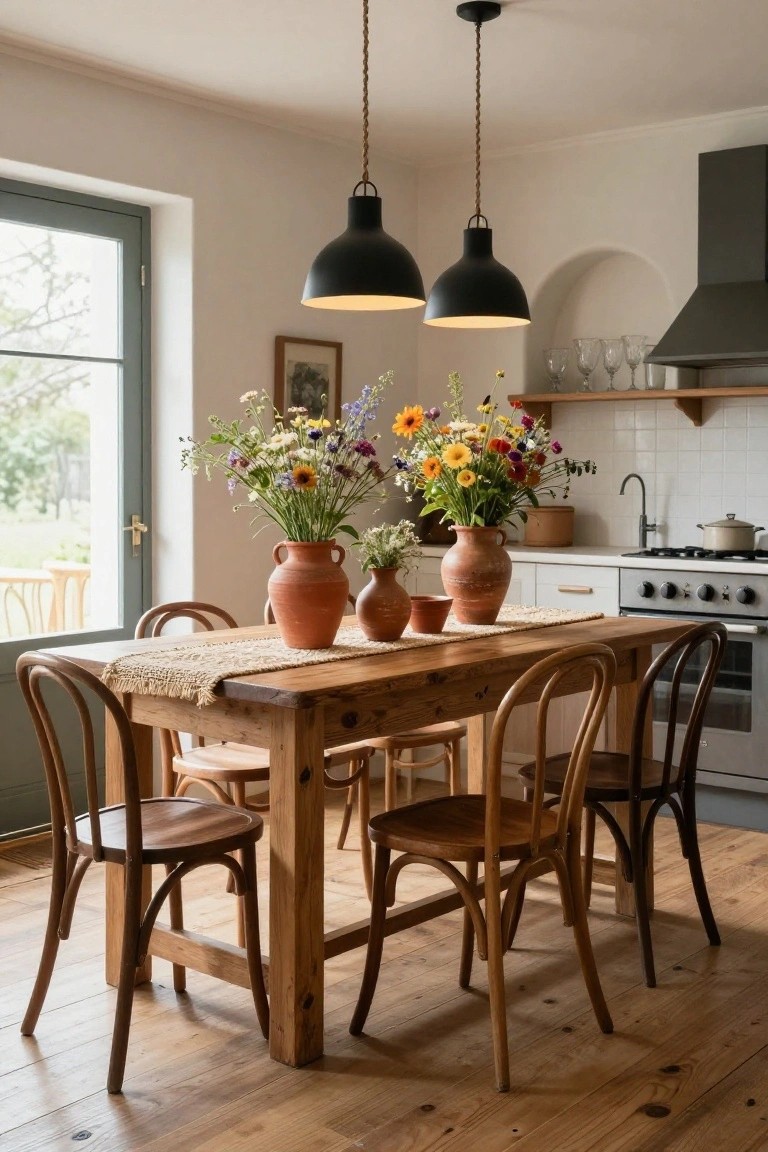 Wooden dining table in a white kitchen holds multiple terracotta vases filled with colorful wildflowers including daisies and sunflowers, surrounded by bentwood chairs, with a window to garden view and stove nearby.