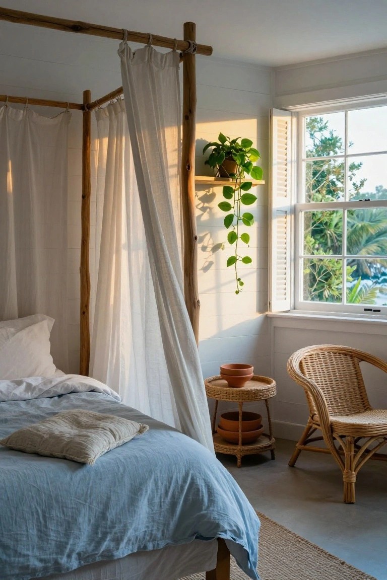Bedroom with tall bamboo four-poster bed frame draped in white sheer curtains, blue linen bedding, rattan chair and side table holding terracotta pots with plants, next to white-shuttered window overlooking trees and greenery.