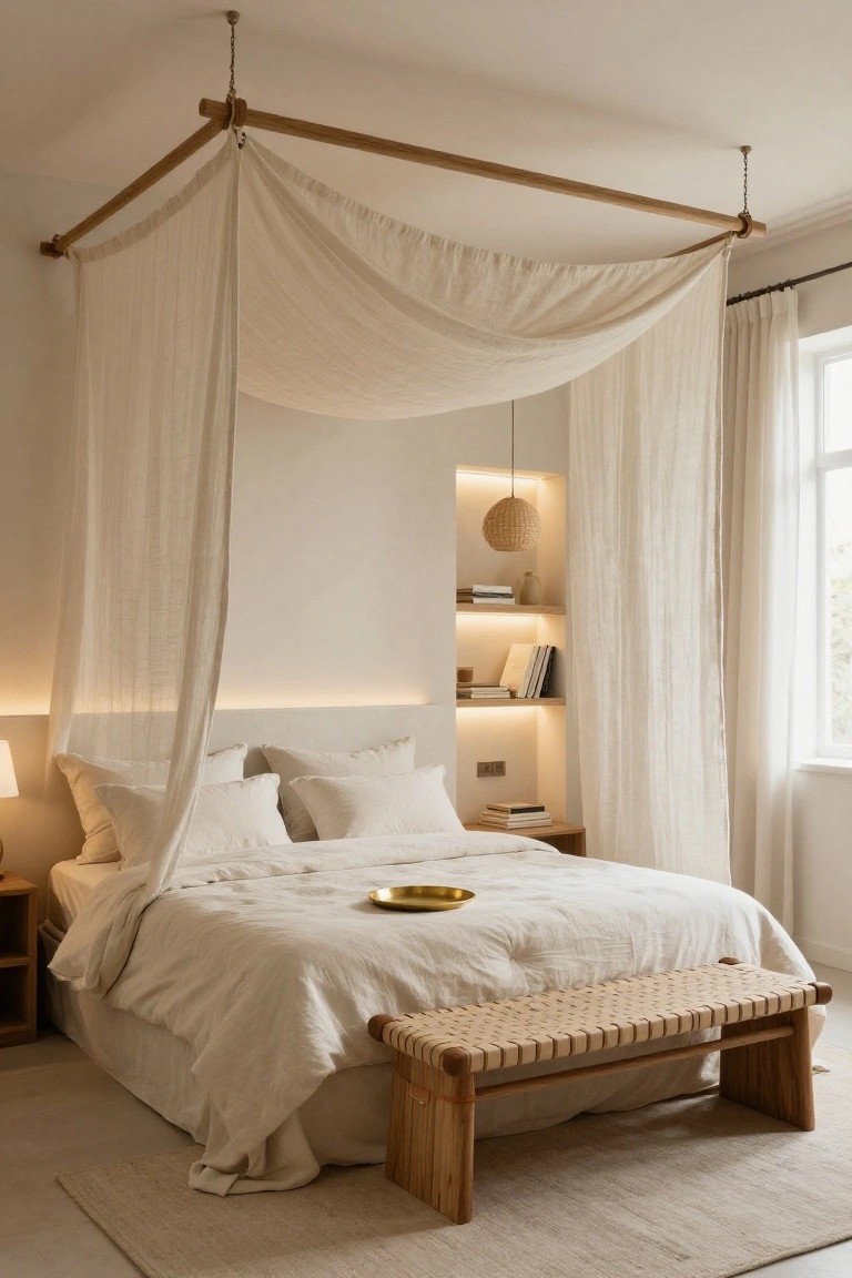 Bedroom with a white bed under a wooden four-poster canopy draped in sheer white fabric, a rattan bench at the foot, built-in wall shelving with books, and neutral walls and floors.