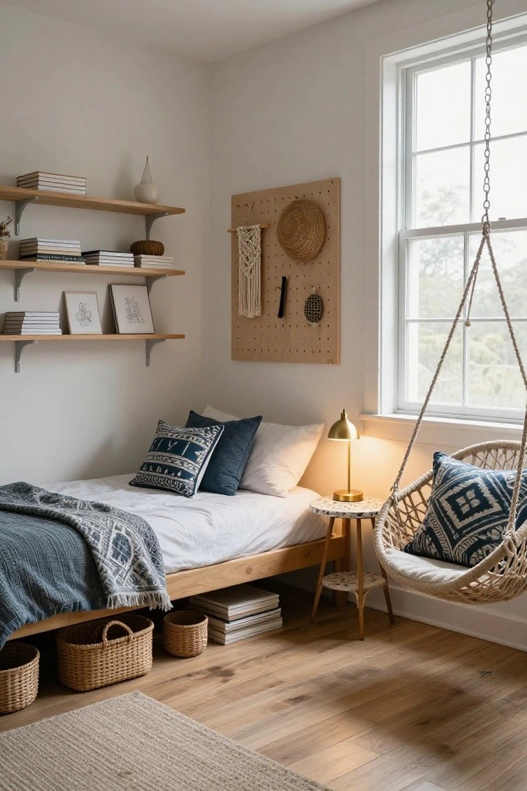 A cozy bedroom featuring a low wooden platform bed with gray throw, open oak shelves with books and art, a cork pegboard wall with woven decor, stacked wicker baskets on the floor, and a white rattan hanging swing chair with blue patterned pillows and a brass lamp on a small table beside a window.