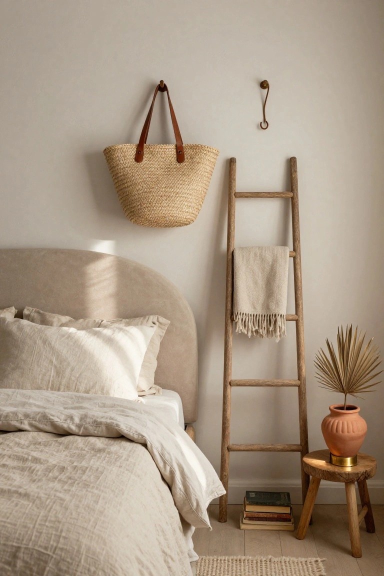 A light beige curved headboard bed with cream linen bedding and pillows sits against a pale wall next to a tall wooden ladder draped with a folded gray fringed blanket, with a hanging rattan bag, potted palm plant in orange pot on wooden stool with stacked books, and woven rug on wood floor.