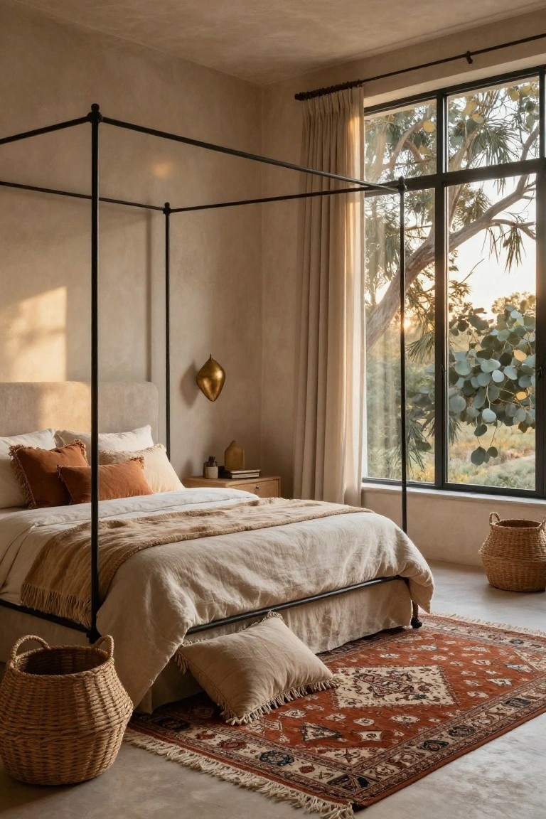 Serene bedroom with black canopy bed, linen bedding, terracotta rug, and large window.