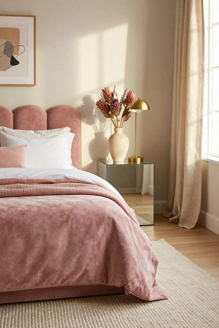 Bedroom corner with curved blush pink velvet tufted headboard, white pillows and duvet topped by pink knit throw, glass side table holding beige vase of dried protea flowers and gold dome lamp, linen curtains at window, beige walls, wood floor, and cream rug.