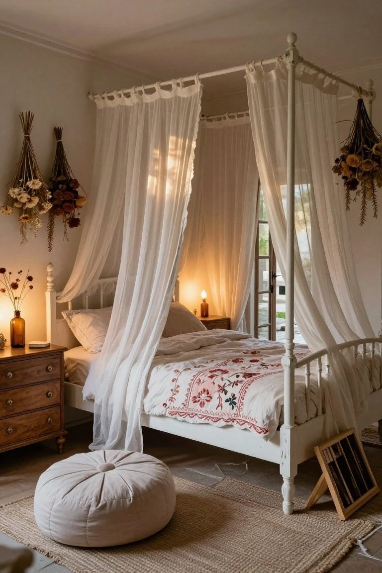 White four-poster canopy bed with sheer white drapes in a light bedroom with wooden dresser, candles, dried flowers, pouf stool, and French doors to outdoors.
