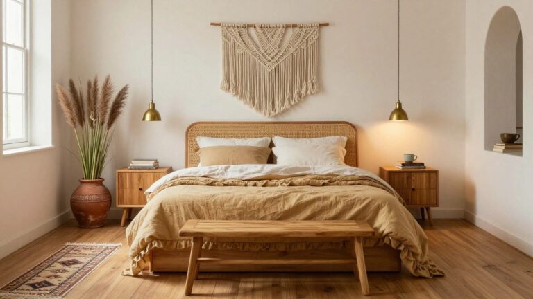 23 Serene Boho Bedroom Ideas for a Calm and Peaceful Retreat Beige rattan headboard on a bed with neutral linens and throw, macrame wall hanging above, pampas grass in terracotta pot, wooden nightstand and bench, patterned rug on light hardwood floors in a white-walled bedroom.