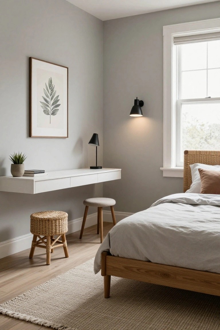 Corner of a light gray bedroom featuring a white floating desk with a book and potted plant, black task lamp, gray fabric stool, woven rattan stool, leaf print artwork, and adjacent oak bed with rattan headboard and white linens.