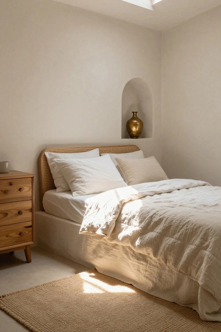 Bedroom interior with rattan headboard on a bed dressed in white linen sheets and quilt, wooden nightstand with mug, seagrass rug, arched wall niche holding brass vase, pale plaster walls, skylight, and sunlight streaming across the floor.
