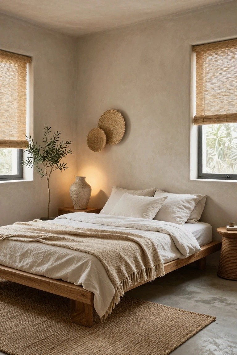 A bedroom corner featuring a low wooden platform bed with white sheets, beige knit throw, wood nightstands, olive tree plant, ceramic lamp, bamboo blinds on two windows, textured beige walls, and seagrass rug on a concrete floor.