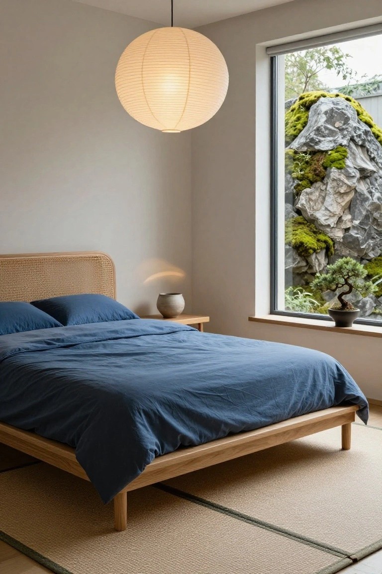 A minimalist bedroom with a low wooden platform bed draped in blue linen bedding and pillows, rattan headboard, bedside wooden table with ceramic vase, large white paper lantern pendant light overhead, large window showing mossy rocks and bonsai tree outside, and beige tatami-style rug on the floor.