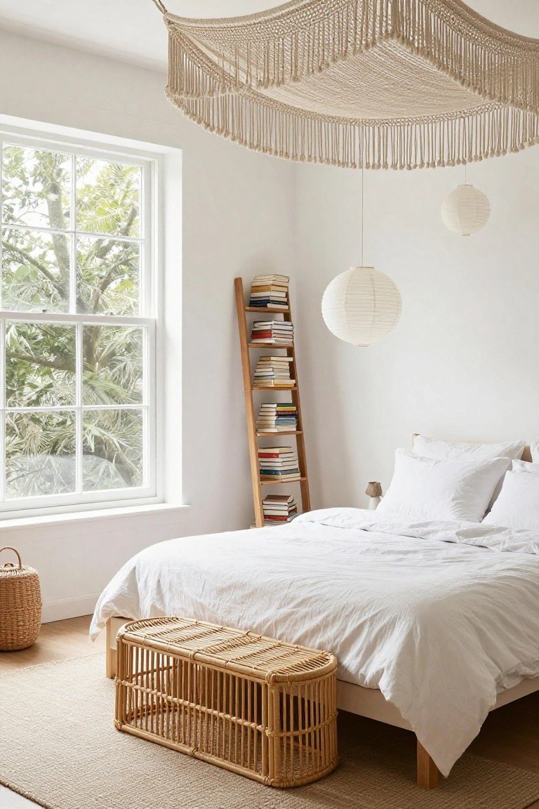 White bedroom interior with a large beige macrame canopy hanging over a white bed, wooden ladder bookshelf against a window with trees outside, two paper lanterns, rattan bench at bed's foot, and seagrass rug on wood floor.