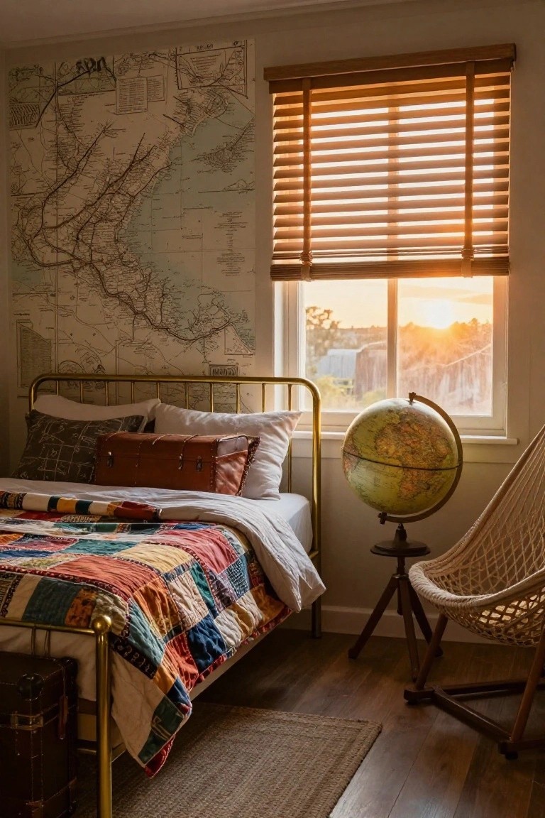 Bedroom with brass bed frame, colorful patchwork quilt, large vintage world map on wall, globe on stand next to window with wooden blinds and sunset view, hammock chair, and leather suitcase on wood floor.