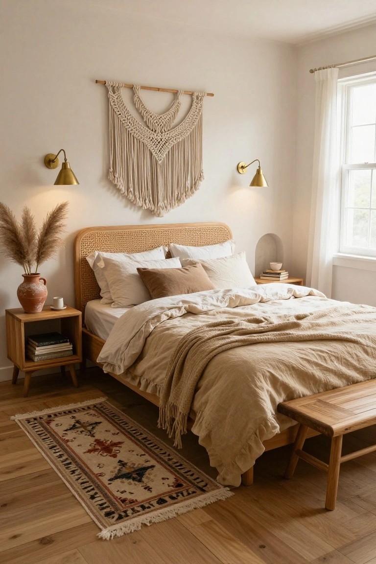 Beige rattan headboard on a bed with neutral linens and throw, macrame wall hanging above, pampas grass in terracotta pot, wooden nightstand and bench, patterned rug on light hardwood floors in a white-walled bedroom.