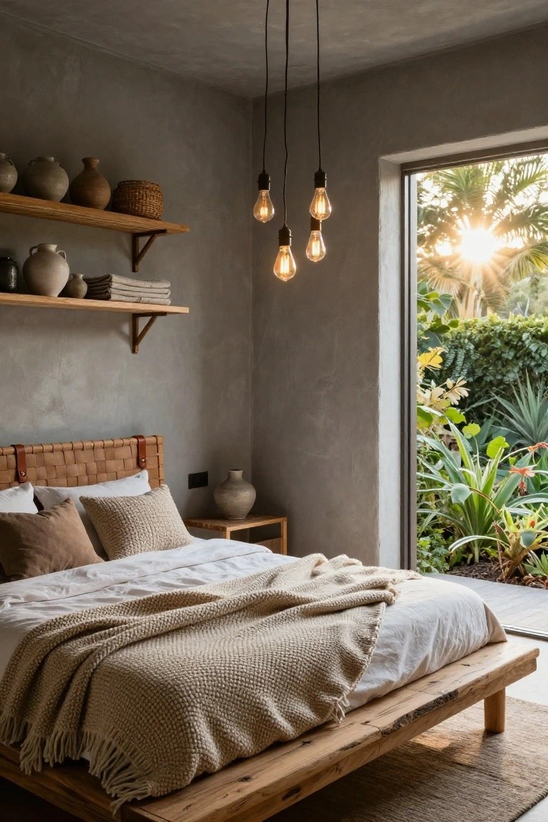 Bedroom with gray textured plaster walls, wooden shelves displaying ceramic pots and baskets, low wooden platform bed with rattan headboard and beige knit throw on white sheets, pendant bulb lights hanging from ceiling, and large sliding glass door open to tropical garden at sunset.