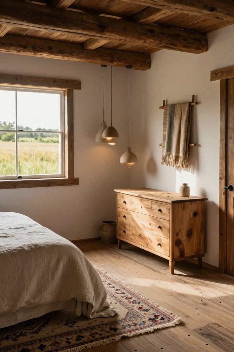 Bedroom with exposed wooden beam ceiling, white walls, wooden dresser beside a linen bed on hardwood floor, pendant lights hanging, and window showing fields outside.