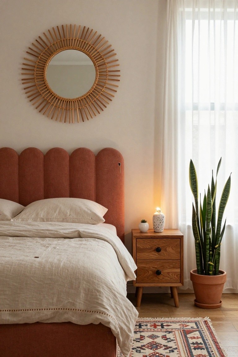 Bedroom with coral tufted scalloped headboard, white linen bedding and pillows, wooden two-drawer nightstand holding white candle and vase, tall variegated snake plant in terracotta pot, large round rattan mirror on wall, sheer curtains at window, and multicolored patterned rug on wood floor.