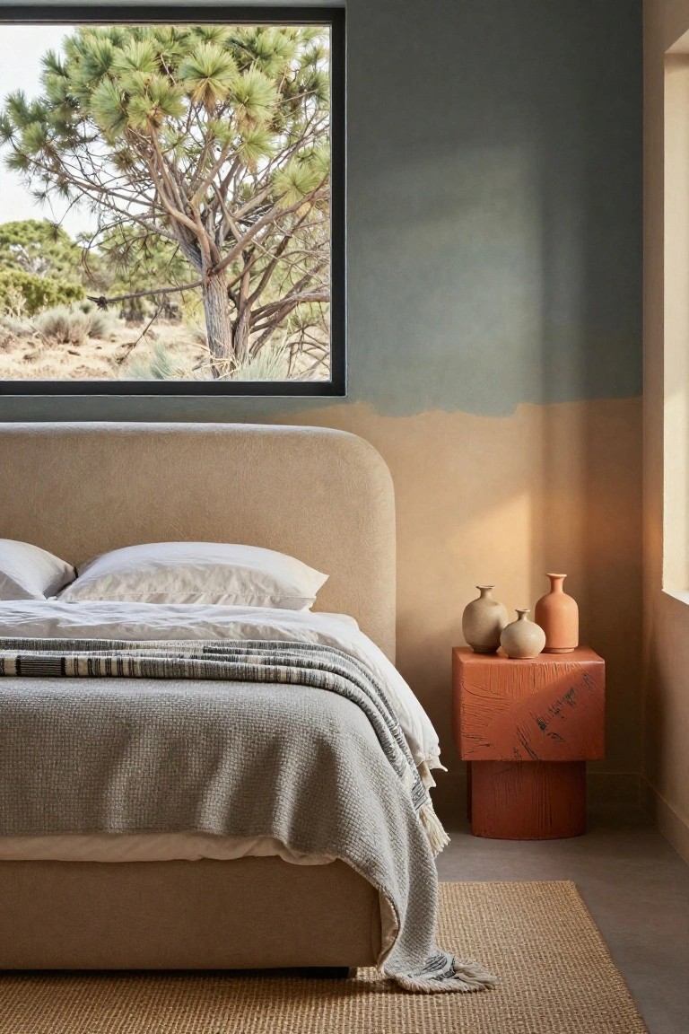 Beige upholstered platform bed with white sheets and gray knit throw in a room with teal-to-beige gradient wall, orange terracotta cube nightstand holding three clay vases, and large black-framed window overlooking desert landscape with pine tree.