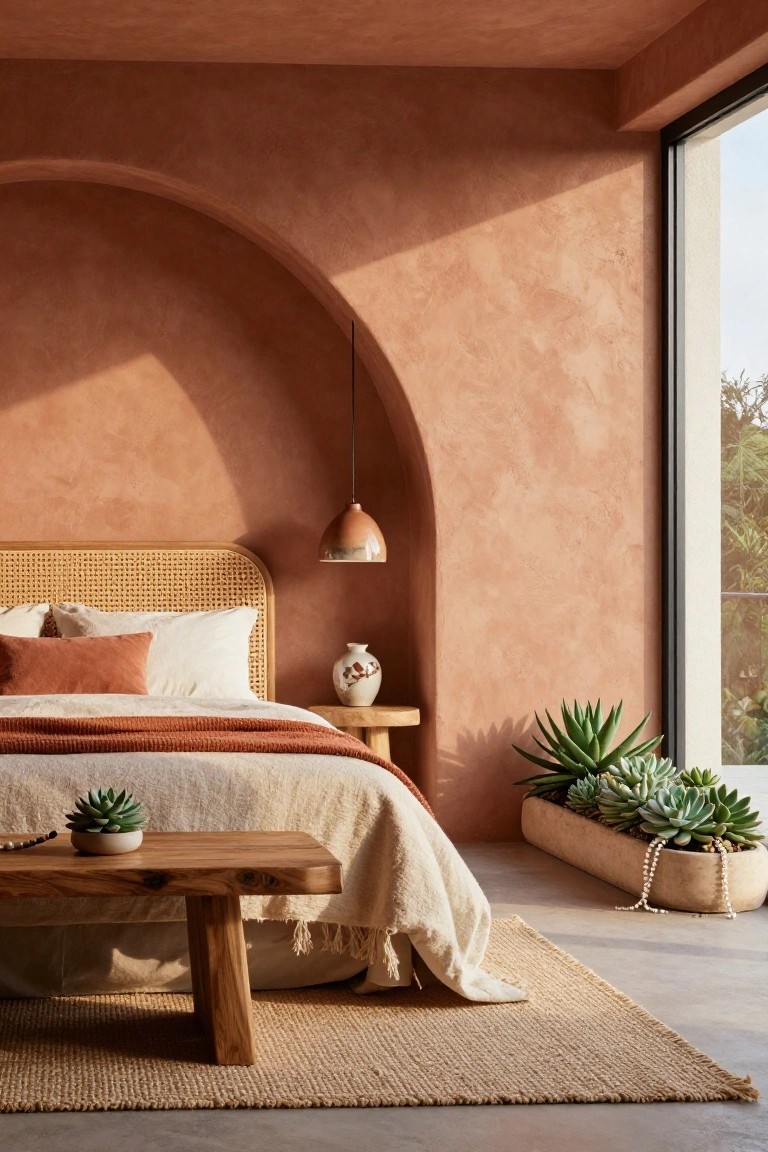 Bedroom with terracotta textured plaster walls, arched niche with vase and pendant light, rattan headboard bed with beige linens, wooden bench and side table with succulents, seagrass rug, and large window showing trees outside.