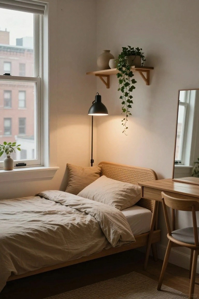 A small bedroom corner with a low wood bed frame, rattan headboard, beige linens, wooden desk with mirror and chair, black floor lamp, wooden shelf holding two pots and trailing ivy plant, and a window with plants on the sill.