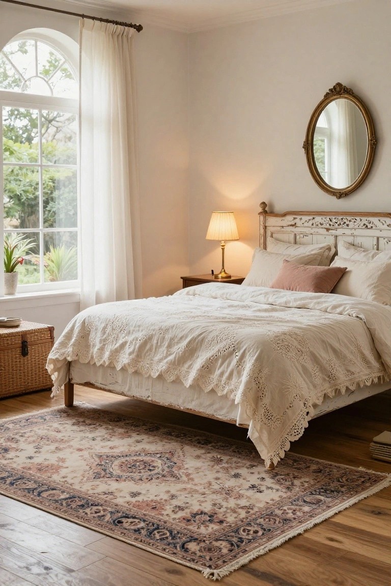 A bedroom interior with a white antique wood bedframe topped by a lace quilt, sheer curtains on an arched window, a bedside lamp, potted plant, oval mirror, and Persian rug on wood floors.