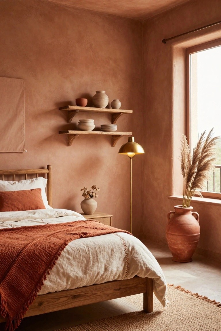 Bedroom with terracotta textured walls, wooden bed frame and nightstand, orange woven throw on white bedding, wooden shelves holding pottery and plates, gold floor lamp, pampas grass, and large terracotta pot near window.