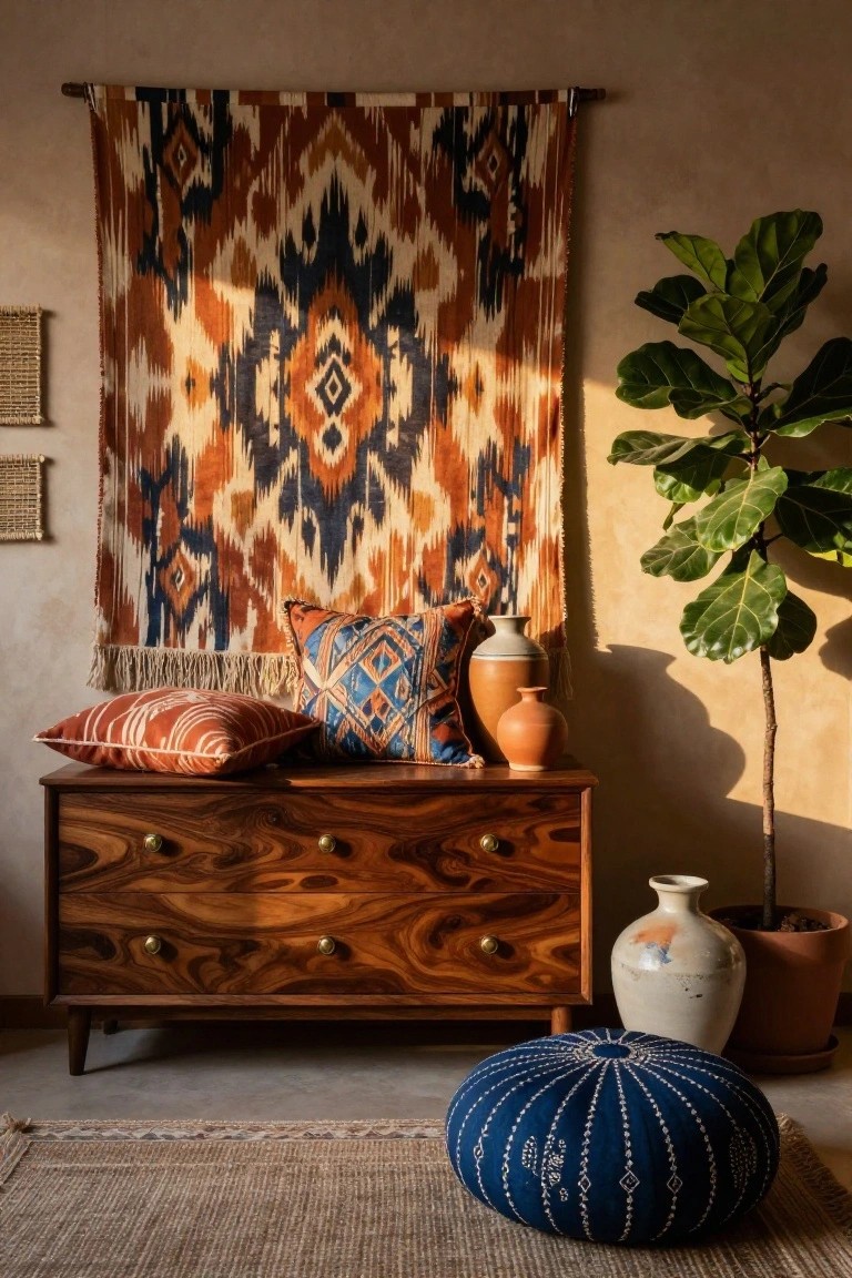Indoor corner with a large orange, rust, and navy ikat tapestry hanging on a beige wall above a low wooden dresser topped with orange and blue pillows, two terracotta vases, next to a potted fiddle leaf fig plant and a navy embroidered pouf on a seagrass rug.