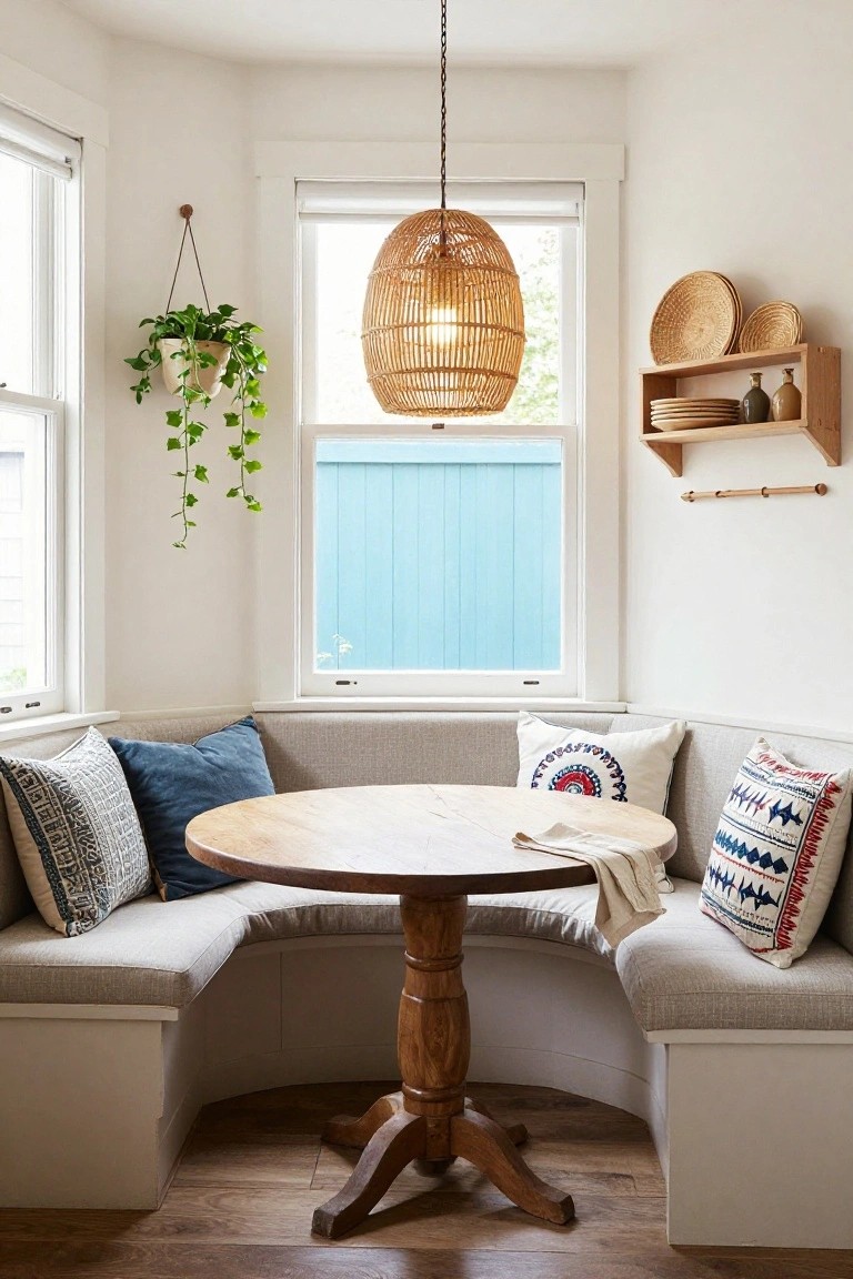 White interior corner with curved gray banquette seating, round wooden pedestal table with linen napkin, colorful patterned pillows, rattan pendant light, hanging ivy plant, wooden shelves with baskets and pottery, and windows with blue exterior visible.