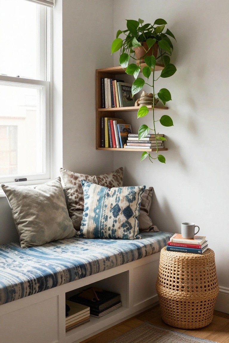 Corner window bench with blue ikat-patterned cushion, gray and patterned pillows, open storage cubbies below, wooden bookshelves mounted above with hanging potted plant, stack of books and white mug on wicker stool next to white walls and wood floor.