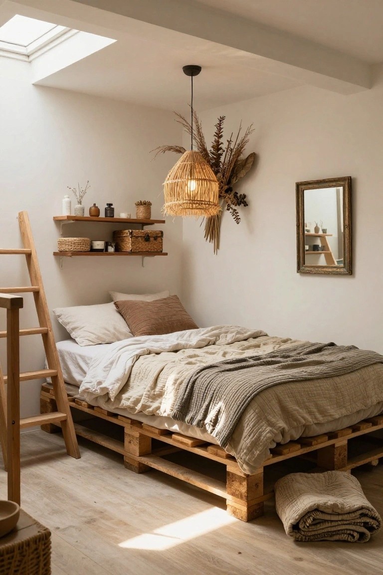 Small bedroom with a platform bed made from stacked wooden pallets, white and beige linens, a leaning wooden ladder, floating shelves holding baskets and bottles, rattan pendant light, dried grasses on wall, and light wood flooring.