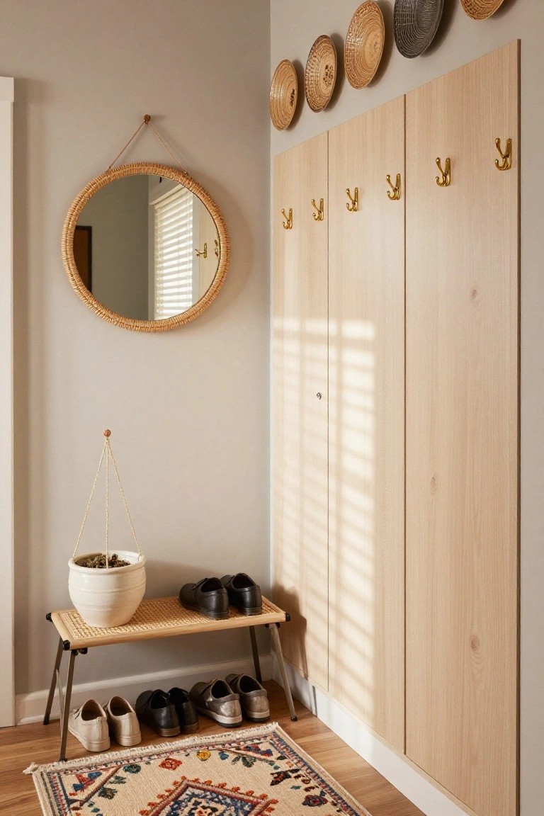 Light wood wardrobe panels with brass hooks line a beige entryway wall, next to a round rattan mirror, woven wall baskets, a wicker shoe bench holding several pairs of shoes, potted plants, and a multicolored patterned rug on wood floors.