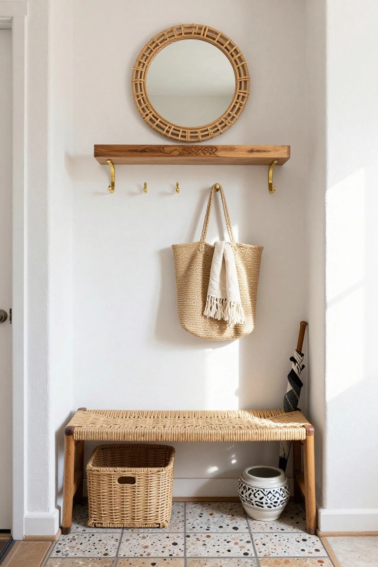 White indoor entryway niche with round rattan mirror on wall, wooden shelf with brass hooks, hanging beige straw tote bag with white scarf, black umbrella, rattan bench with beige basket underneath, and white ceramic pot on speckled tile floor.