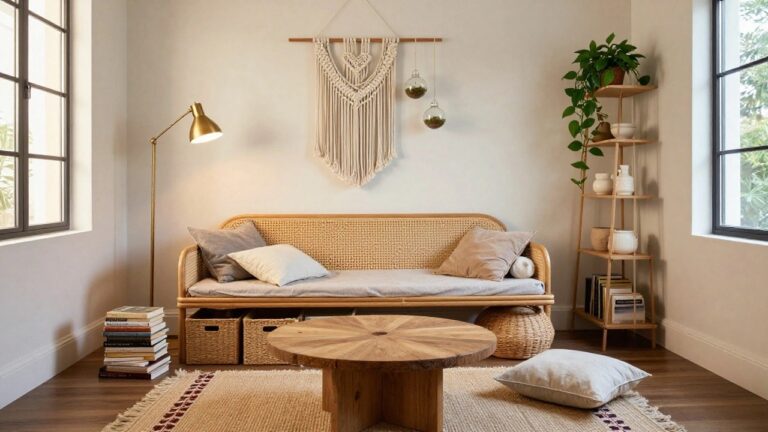 24 Smart Boho Apartment Decor Ideas That Maximize Small Spaces A light beige room corner with a rattan daybed covered in white sheets and pillows plus a beige throw blanket, a round wooden coffee table holding books and baskets, bookshelves with plants and vases, macrame wall hanging, hanging plants, and a gold floor lamp.
