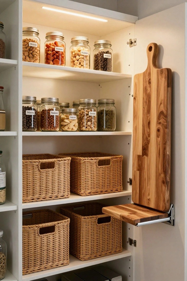 Open white pantry cabinet with labeled glass jars of nuts, beans, and spices on upper shelves, wicker baskets on lower shelves, a wooden cutting board on a pull-out metal arm, and LED strip lighting along the top shelf.